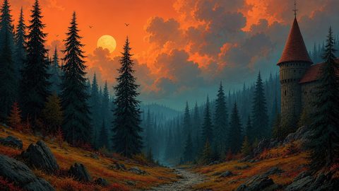 GRID THUMBNAIL — A winding stony path through a pine forest valley leads toward a round-towered castle at sunset, beneath dramatic orange clouds and distant birds.