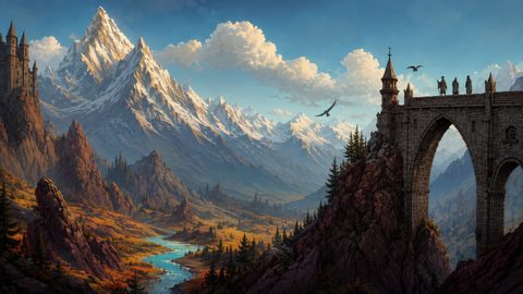 GRID THUMBNAIL — Snow-capped mountains rise above a winding blue river and forests, with a high stone bridge, tiny travellers, distant castle, and circling birds.