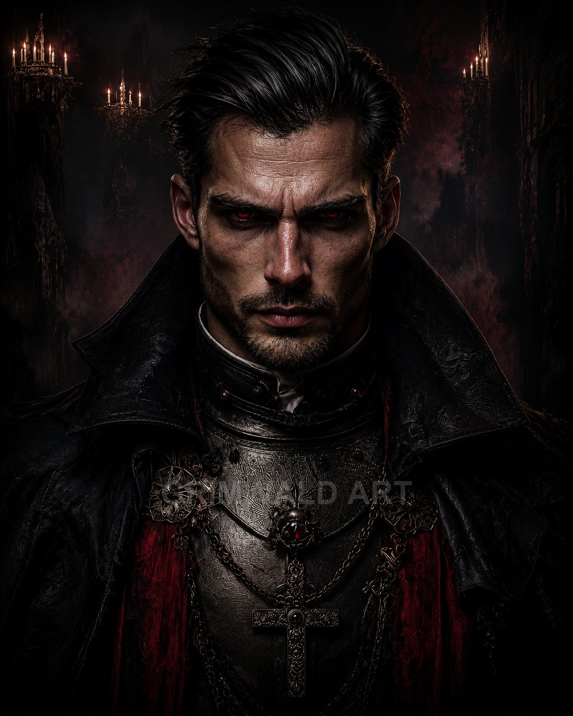 Dark portrait of a male vampire in ornate black armour and cloak, red eyes glowing, with candlelit cathedral candelabras behind.