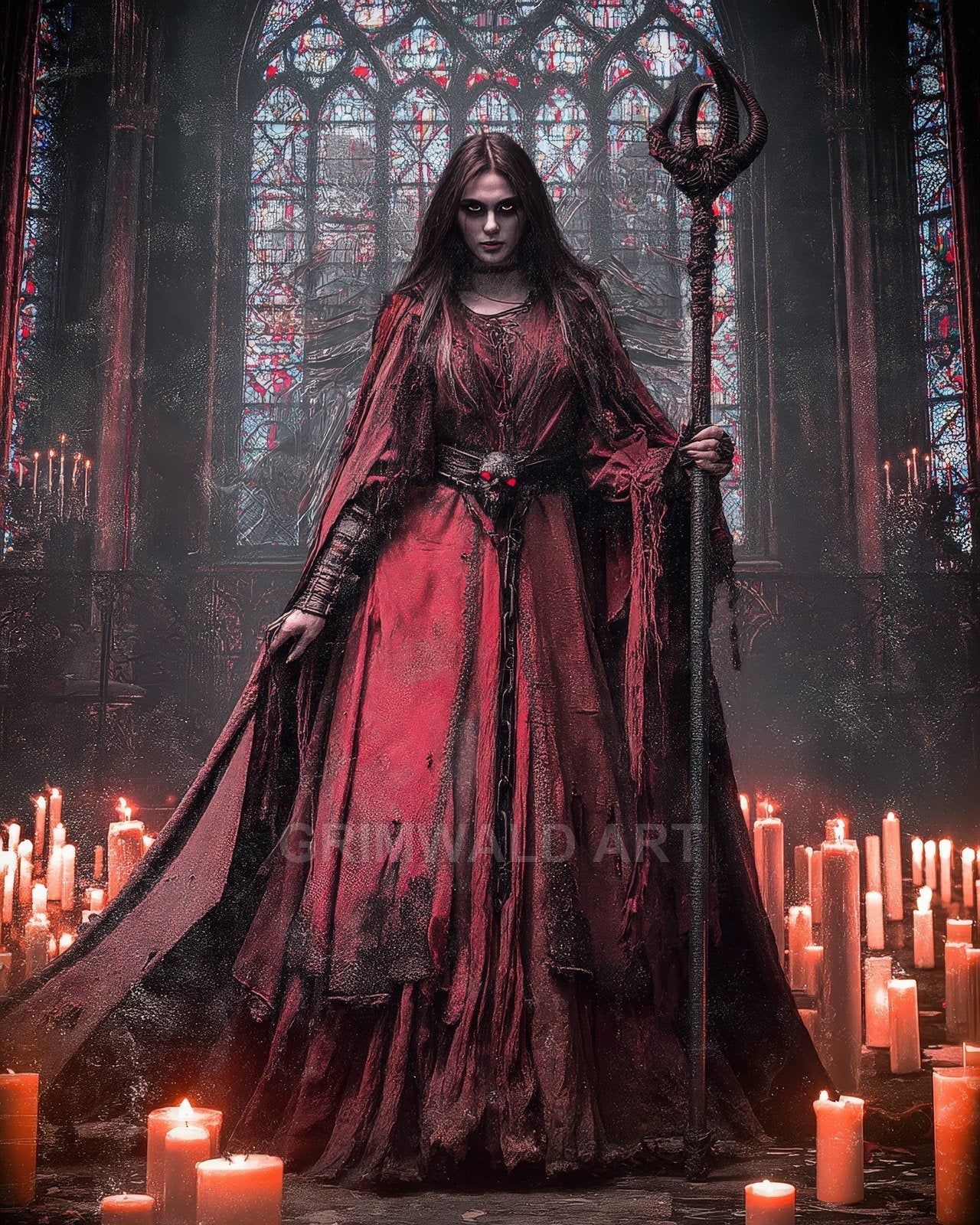A pale‑eyed woman in tattered red robes stands amid burning candles in a gothic cathedral, gripping a dark spiked staff before stained glass.