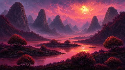 GRID THUMBNAIL — A retro fantasy sunset scene of jagged mountains, mist-filled valleys, and reflective rivers framed by crimson shrubs beneath a radiant pink-orange sky.