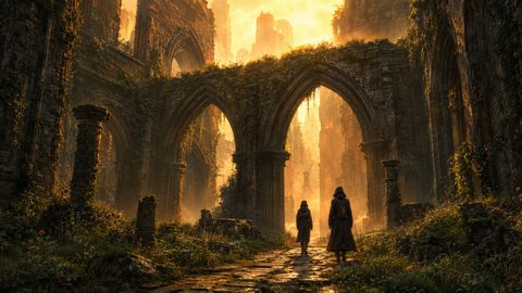 GRID THUMBNAIL — Two cloaked travellers walk beneath overgrown gothic arches in sunlit ruins, golden mist illuminating crumbling stone and wildflowers along a broken path.