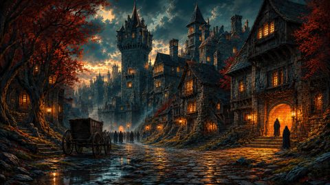 GRID THUMBNAIL — A misty medieval city street at twilight, lined with stone houses and towers, glowing lanterns, red autumn trees, and a wooden wagon.