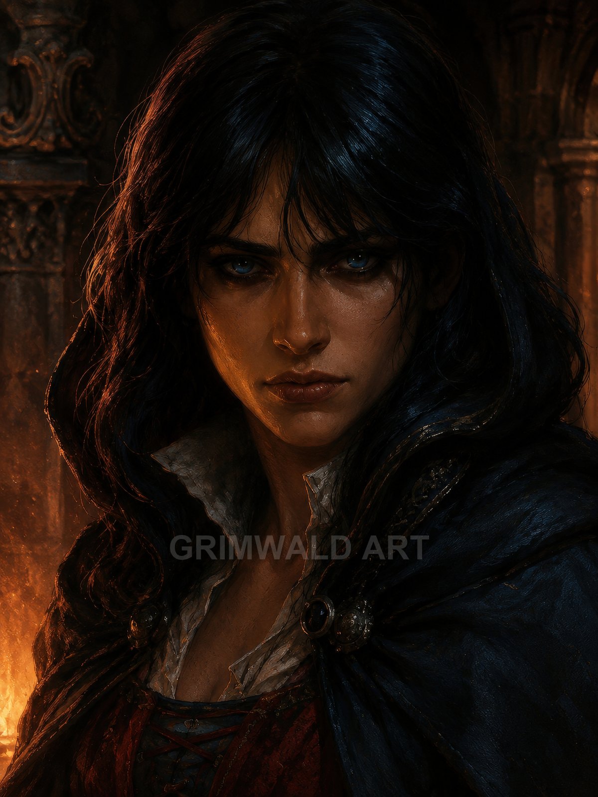 Firelit portrait of a dark-haired woman in a blue cloak with brooch clasps, intense blue eyes, standing before stone columns in a dim interior.