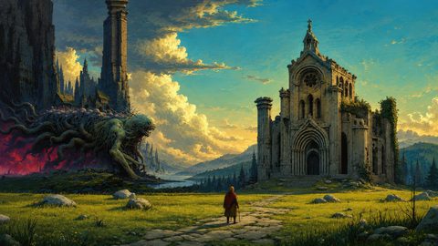 GRID THUMBNAIL — A lone cloaked traveller approaches a sunlit ruined cathedral across grassy plains as a vast tentacled abomination looms beside dark spires.