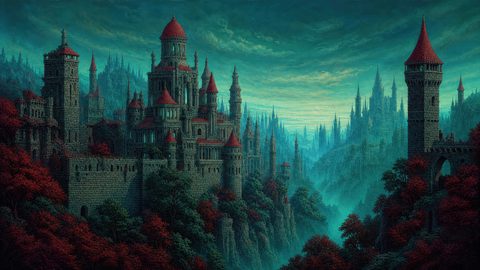GRID THUMBNAIL — Vast stone castle city with red-roofed towers rises above a misty valley, teal sky and red-leaved trees, ornate gothic spires receding.