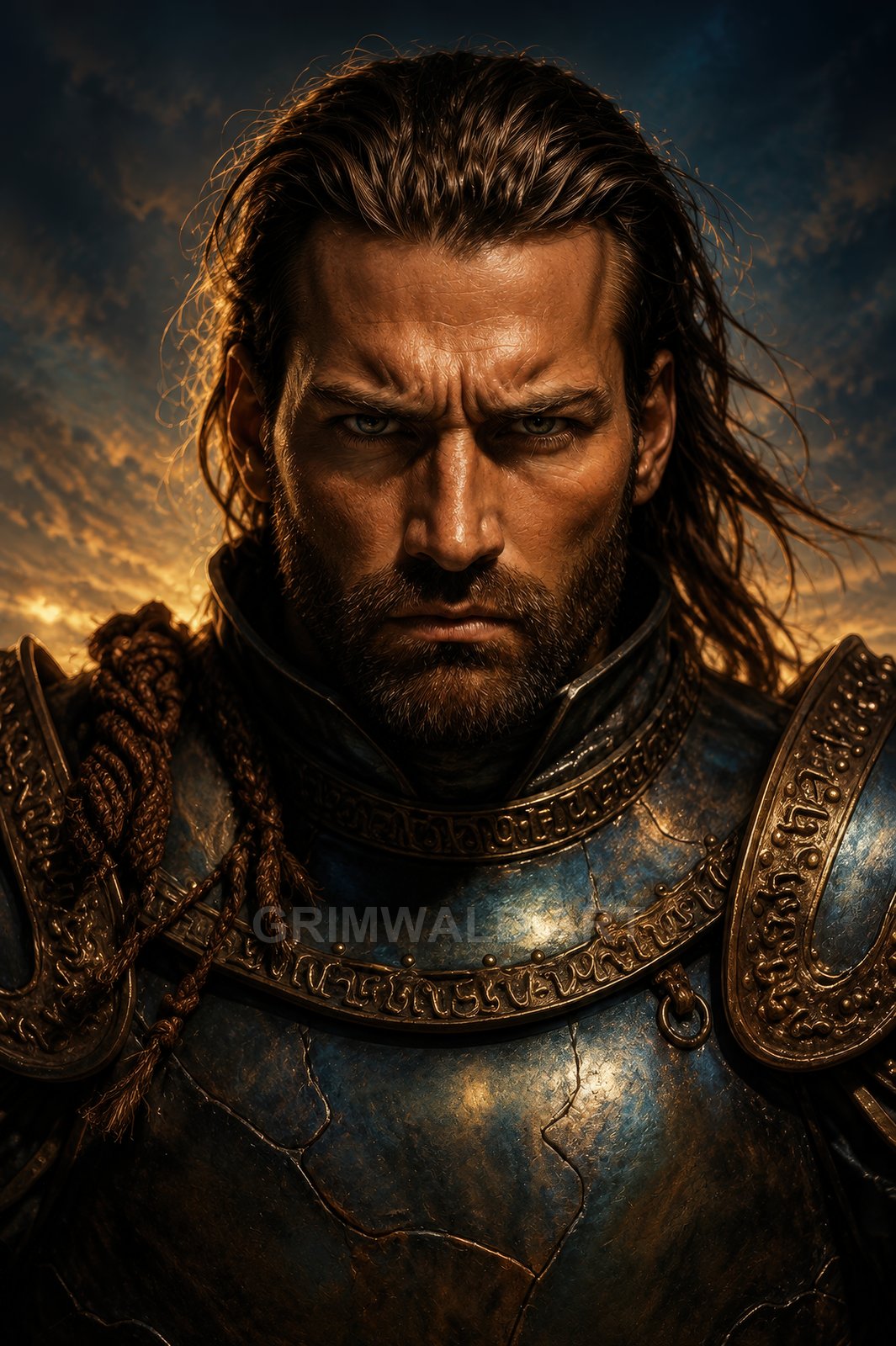 Close-up portrait of a stern male knight in ornate blue-gold armour with braided hair, backlit by a fiery sunset sky.
