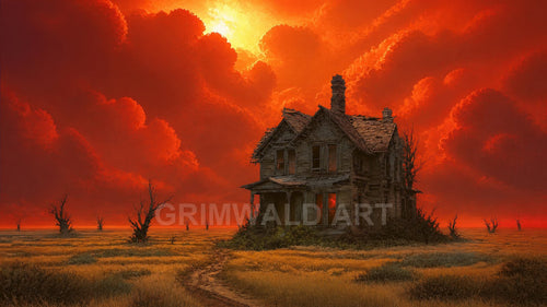 An abandoned wooden farmhouse stands alone in a barren field beneath towering blood-red storm clouds and blazing sun, with a winding dirt path.