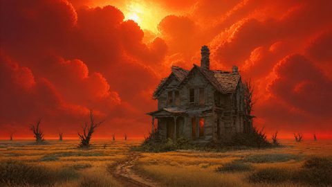 GRID THUMBNAIL — An abandoned wooden farmhouse stands alone in a barren field beneath towering blood-red storm clouds and blazing sun, with a winding dirt path.