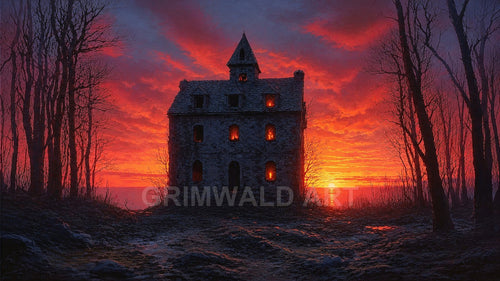 Silhouette of a derelict stone house with firelit windows, framed by bare trees, against a blazing orange sunset over calm lake water.