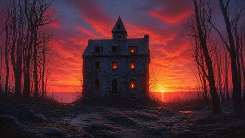 GRID THUMBNAIL — Silhouette of a derelict stone house with firelit windows, framed by bare trees, against a blazing orange sunset over calm lake water.