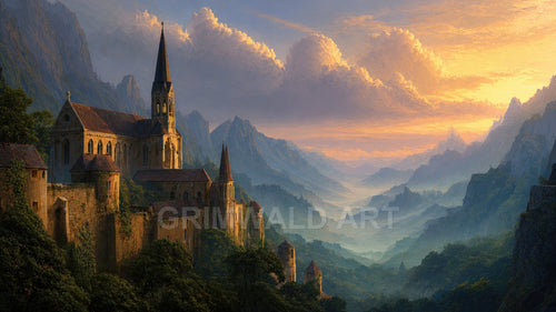 Gothic cathedral and towers perched on a forested mountainside, overlooking a vast mist-filled valley at sunset under glowing golden clouds.