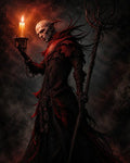 GRID THUMBNAIL — Horned demonic figure in ornate black and crimson armour holds a burning candle and spiked staff against a smoky, dark background.