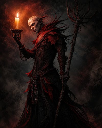 GRID THUMBNAIL — Horned demonic figure in ornate black and crimson armour holds a burning candle and spiked staff against a smoky, dark background.