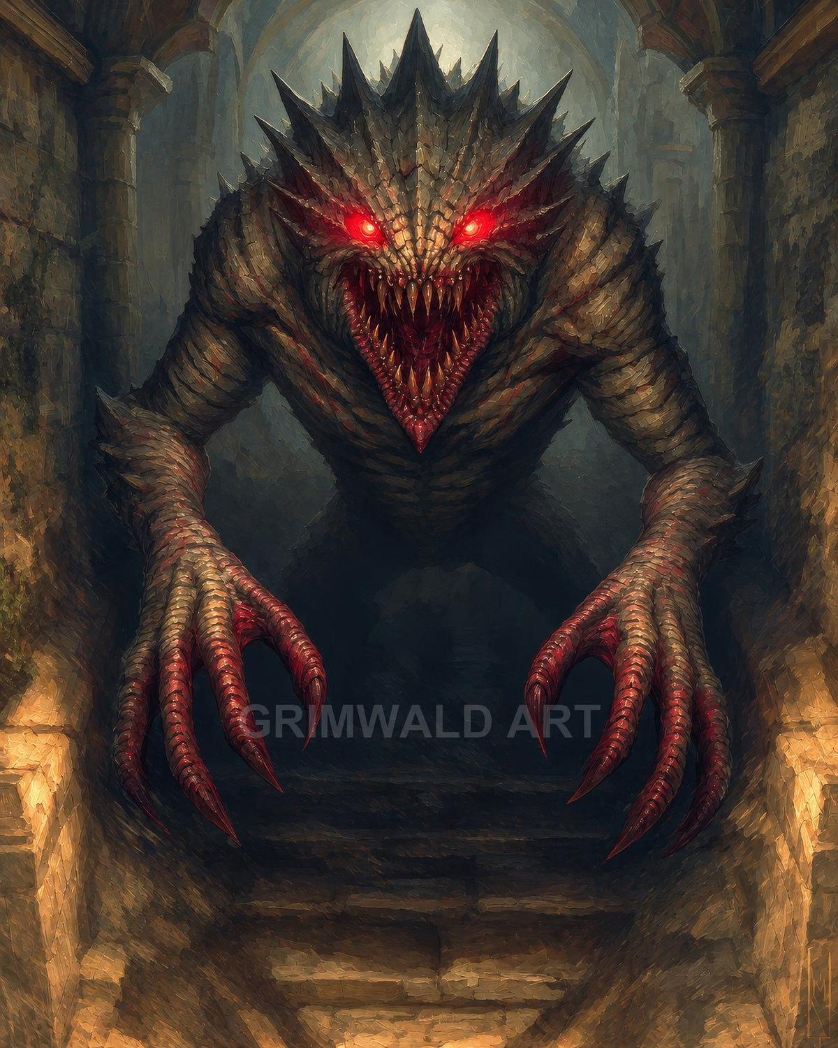 Spiked demon with glowing red eyes and rows of teeth descends stone steps in a dim, firelit dungeon, claws stretching forward.