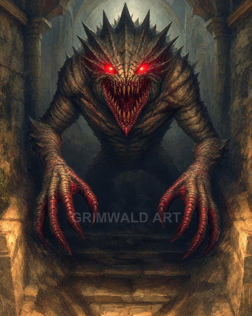 Spiked demon with glowing red eyes and rows of teeth descends stone steps in a dim, firelit dungeon, claws stretching forward.