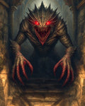 GRID THUMBNAIL — Spiked demon with glowing red eyes and rows of teeth descends stone steps in a dim, firelit dungeon, claws stretching forward.