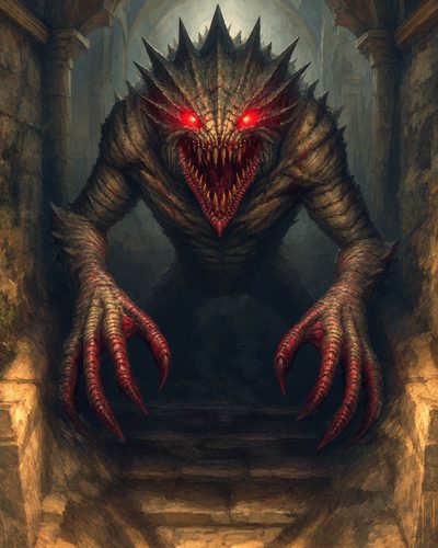 GRID THUMBNAIL — Spiked demon with glowing red eyes and rows of teeth descends stone steps in a dim, firelit dungeon, claws stretching forward.