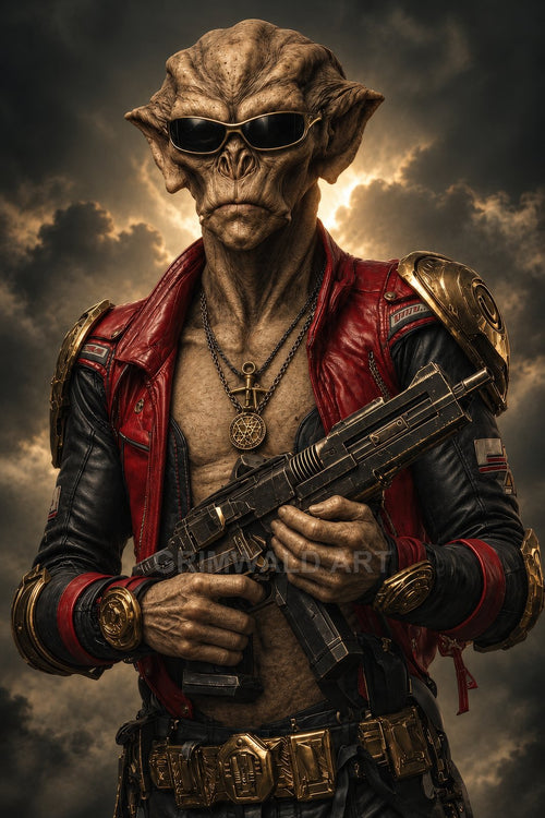 Alien humanoid in a red leather jacket and gold armour holds a futuristic rifle, wearing sunglasses and pendants, against dramatic backlit storm clouds.