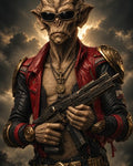 GRID THUMBNAIL — Alien humanoid in a red leather jacket and gold armour holds a futuristic rifle, wearing sunglasses and pendants, against dramatic backlit storm clouds.