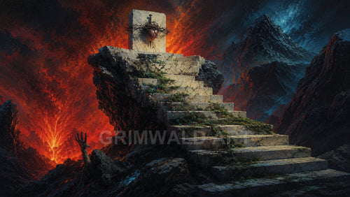 Ancient stone steps climb a rocky spire to a stark altar bearing a thorn-crowned heart and sword, overlooking lava-lit mountains beneath a starry night.