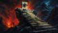 GRID THUMBNAIL — Ancient stone steps climb a rocky spire to a stark altar bearing a thorn-crowned heart and sword, overlooking lava-lit mountains beneath a starry night.