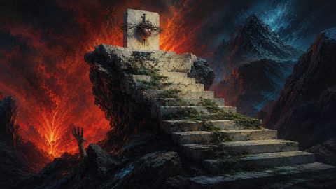 GRID THUMBNAIL — Ancient stone steps climb a rocky spire to a stark altar bearing a thorn-crowned heart and sword, overlooking lava-lit mountains beneath a starry night.