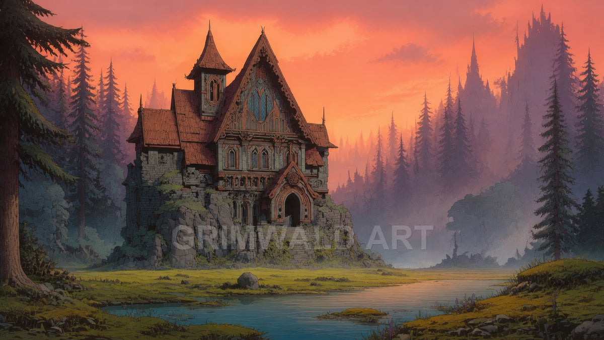 A gothic timber-and-stone manor stands on a rocky knoll by a reflective stream, encircled by tall pines beneath a radiant orange sunset sky.