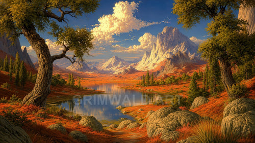 Amber Lake Beneath Ivory Peaks – Retro Fantasy Landscape Art