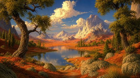 GRID THUMBNAIL — A reflective mountain lake amid orange autumn meadows, framed by gnarled trees and boulders, beneath towering snow-bright peaks and billowing afternoon clouds.