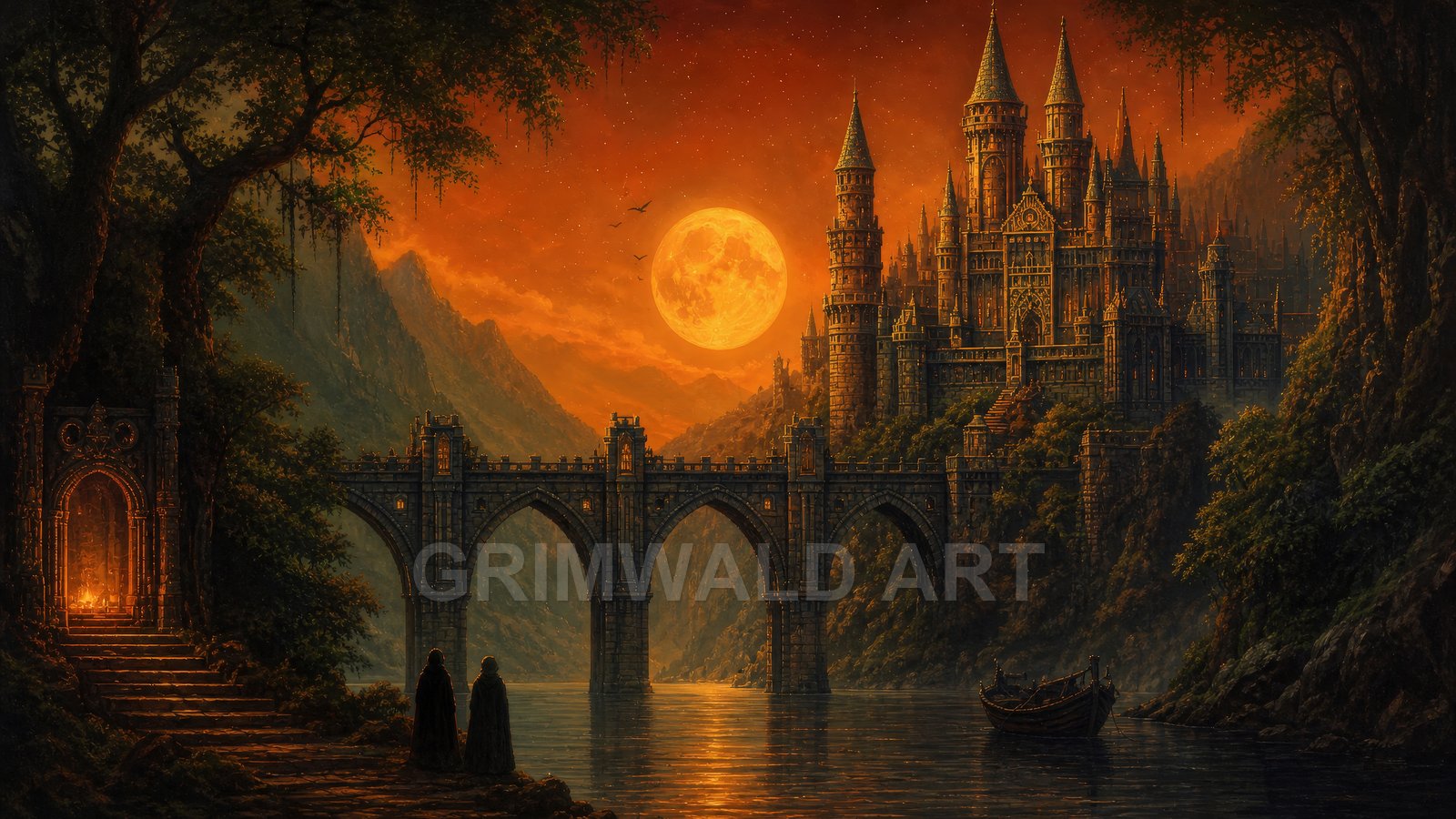 Vast moon rises above a gothic castle and arched stone bridge over a calm river, with mountains, trees, and a small boat.
