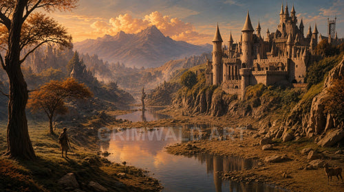 Grand spired castle overlooks a winding river at golden hour, framed by autumn trees, distant mountains, and a small traveller and stag.