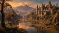 GRID THUMBNAIL — Grand spired castle overlooks a winding river at golden hour, framed by autumn trees, distant mountains, and a small traveller and stag.