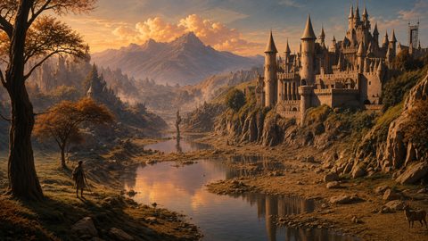 GRID THUMBNAIL — Grand spired castle overlooks a winding river at golden hour, framed by autumn trees, distant mountains, and a small traveller and stag.