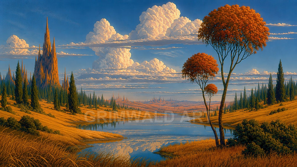 Golden valley with a winding river, orange-crowned trees and dark cypress groves, distant spire mountain, and towering clouds in warm golden-hour light.