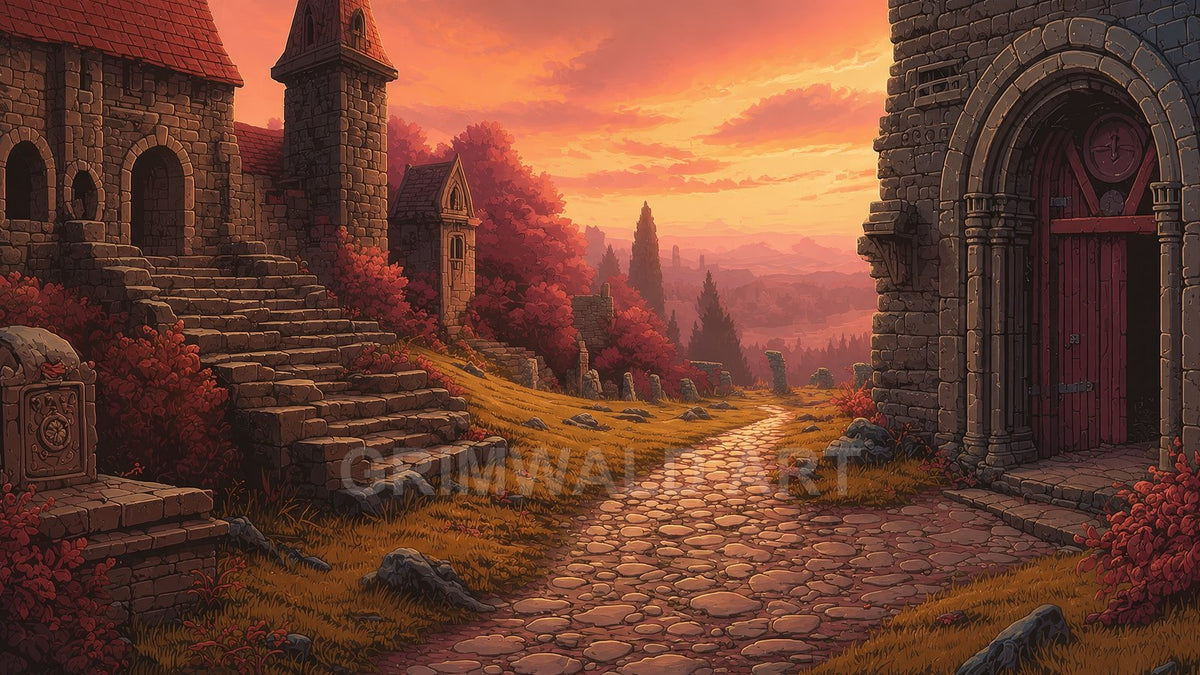 A sunlit cobblestone path winds past crumbling stone buildings with red roofs and autumn shrubs, leading into a misty valley at sunset.