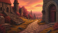 GRID THUMBNAIL — A sunlit cobblestone path winds past crumbling stone buildings with red roofs and autumn shrubs, leading into a misty valley at sunset.