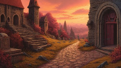 GRID THUMBNAIL — A sunlit cobblestone path winds past crumbling stone buildings with red roofs and autumn shrubs, leading into a misty valley at sunset.