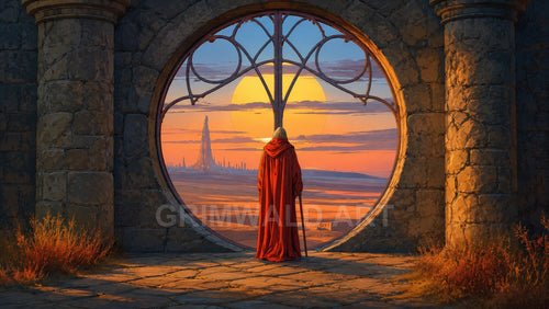 Amber Sun Gate – Retro Fantasy Landscape Art