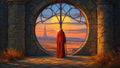 GRID THUMBNAIL — A robed figure with a cane stands before a circular stone window, gazing across sunlit desert plains toward a distant spire at sunset.