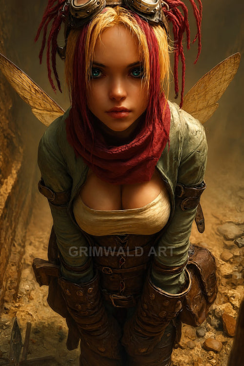 Steampunk-styled fairy with insect-like wings and goggles leans forward in a narrow ruined passage, wearing leather gear and a red scarf in golden light.