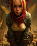 GRID THUMBNAIL — Steampunk-styled fairy with insect-like wings and goggles leans forward in a narrow ruined passage, wearing leather gear and a red scarf in golden light.