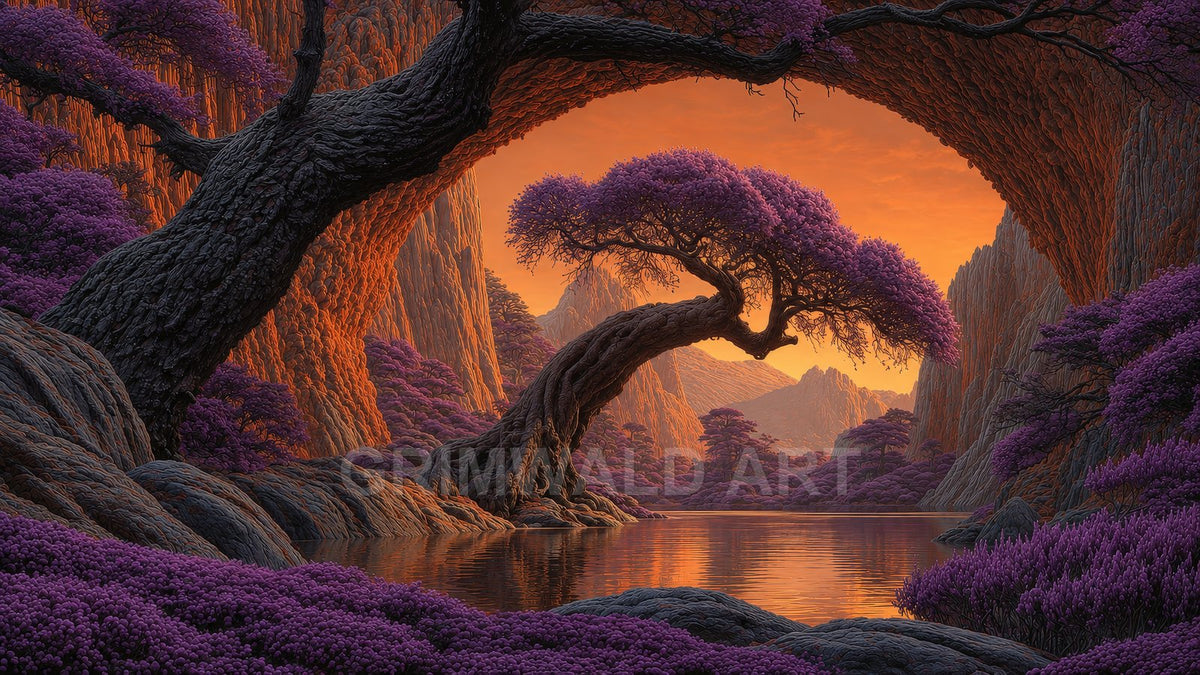 Curving ancient tree arching above a calm lake amid purple-leaved groves and rugged cliffs, under a glowing orange sunset sky.