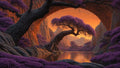 GRID THUMBNAIL — Curving ancient tree arching above a calm lake amid purple-leaved groves and rugged cliffs, under a glowing orange sunset sky.