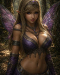 GRID THUMBNAIL — Purple-winged fairy with pointed ears and ornate amethyst jewellery stands in a sunlit forest, wearing a detailed violet outfit and looking toward the viewer.