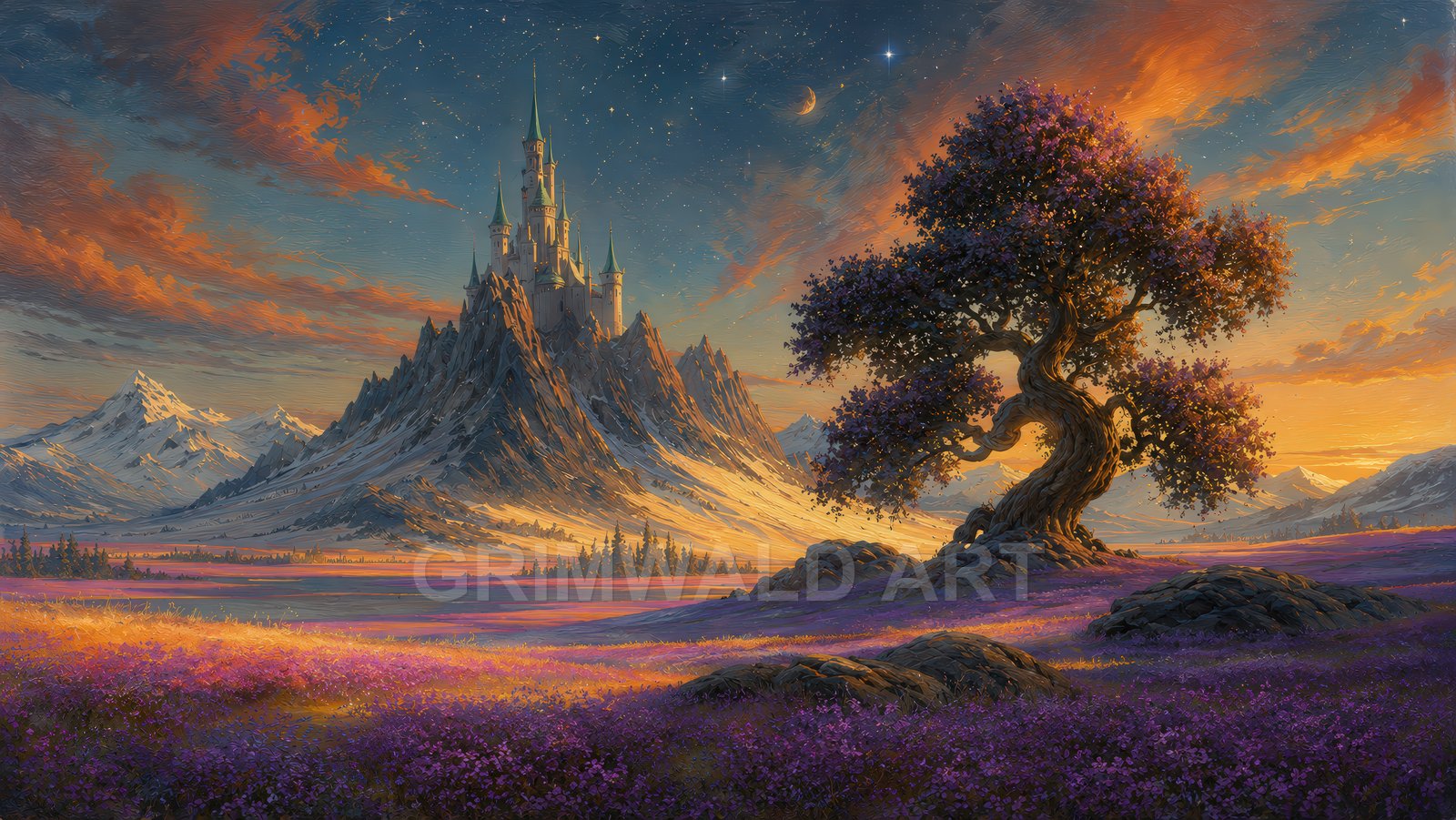 Twisted flowering tree in a purple meadow, with a tall spired castle on a rocky mountain beneath a starry sunset sky and crescent moon.