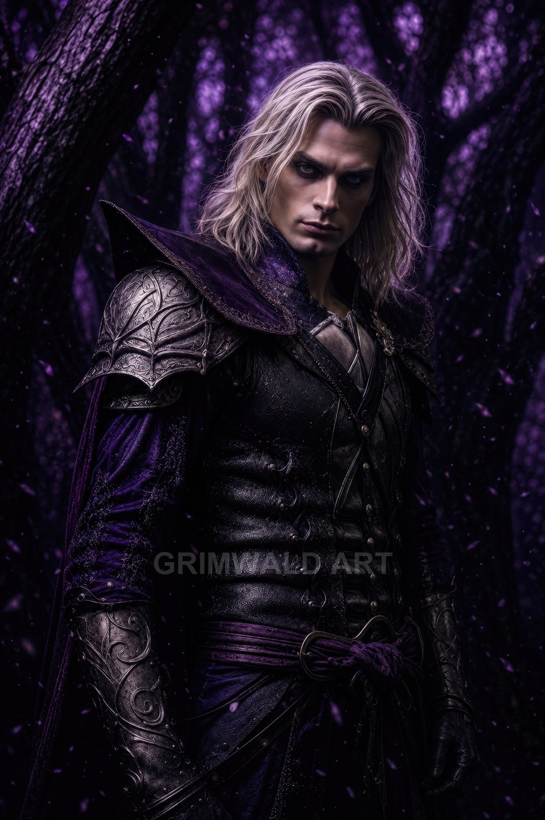 Pale long‑haired male rogue in ornate dark leather armour and violet cloak stands in a shadowy forest at night, petals drifting around.