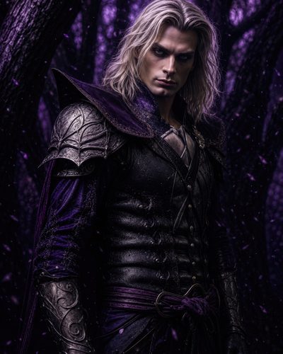 GRID THUMBNAIL — Pale long‑haired male rogue in ornate dark leather armour and violet cloak stands in a shadowy forest at night, petals drifting around.