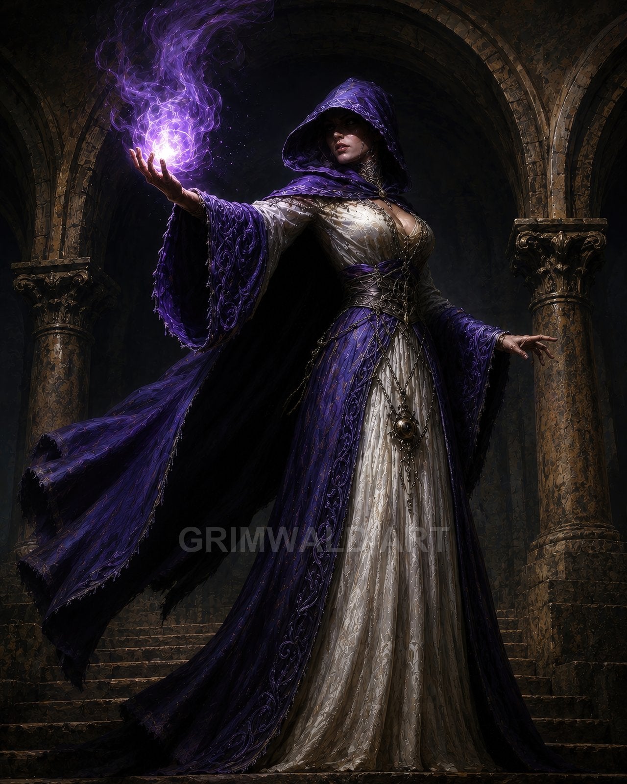 Hooded female sorceress in ornate purple and white robes conjures glowing violet magic inside a shadowy stone hall with arched columns.