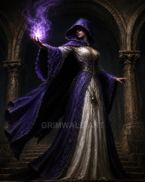Hooded female sorceress in ornate purple and white robes conjures glowing violet magic inside a shadowy stone hall with arched columns.